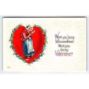 Vintage Embossed Valentine's Day Postcard with Woman & Heart Unsigned Brundage